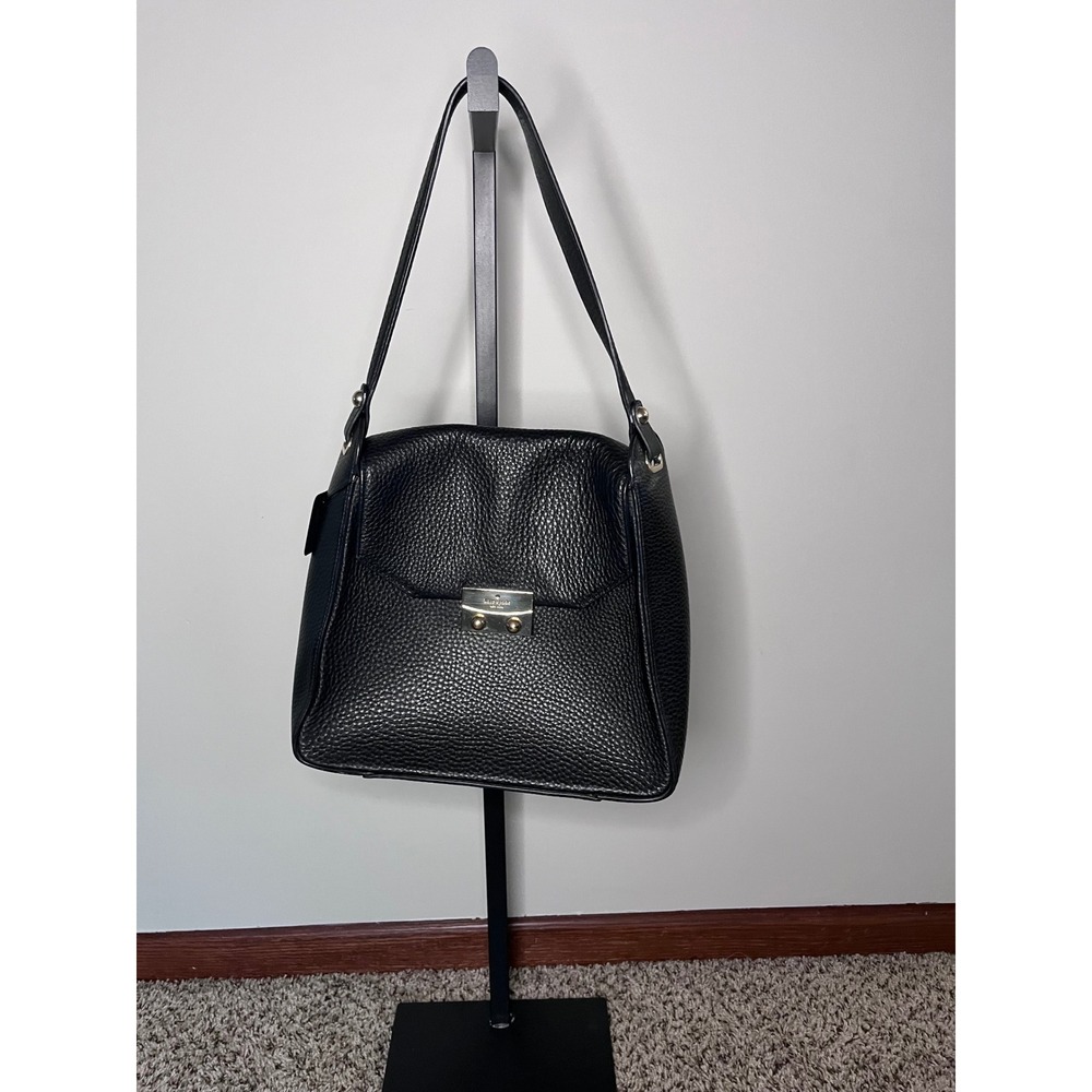 Kate Spade New York Black Pebbled Leather Shoulder Bag Gold Push Lock Flap
